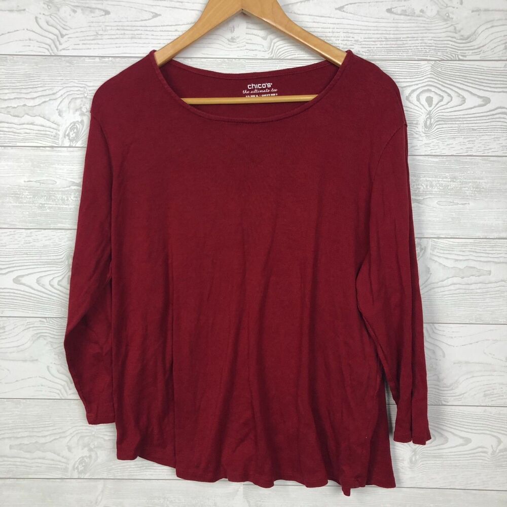 Chico's Women's Size 3/XL The Ultimate Tee 3/4 Sleeve Shirt 100% Cotton Red